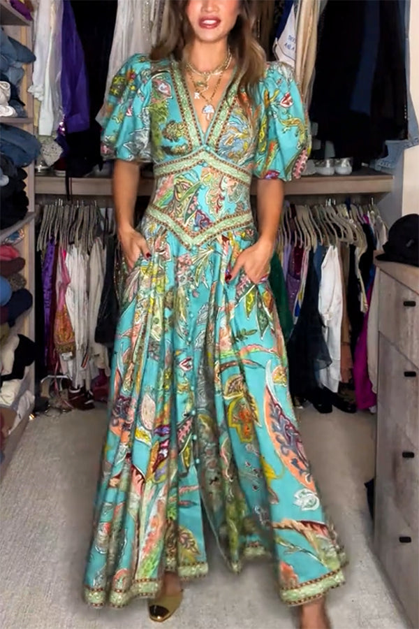 Amelia Quinn | Breezy Maxi Dress Featuring Puff Sleeves & V-Neck