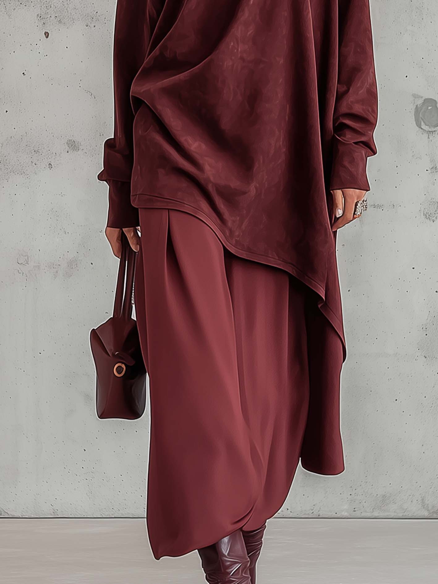 Burgundy Faux Suede One Shoulder Maxi Dress With Asymmetric Hem