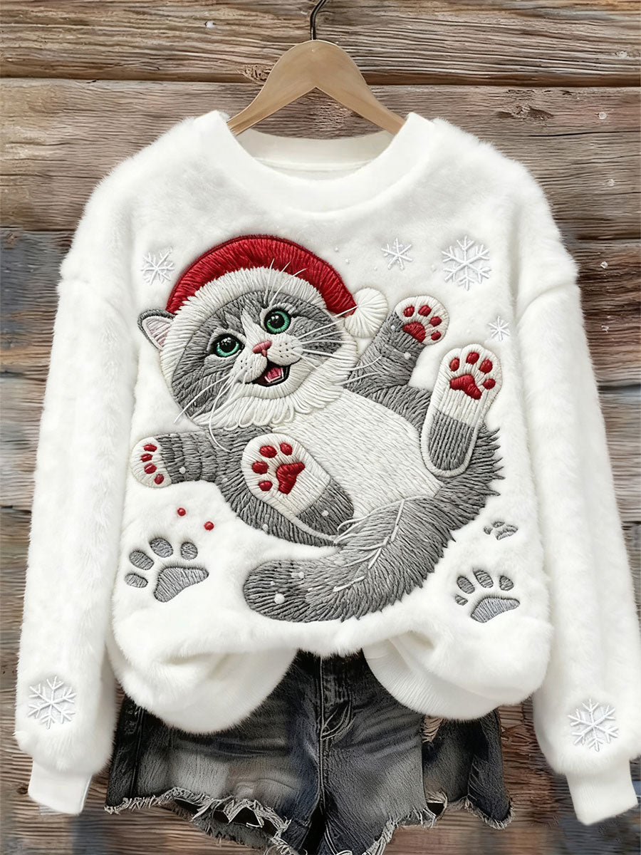 Women's Christmas Loose Flannel Sweater with Cat Art Print