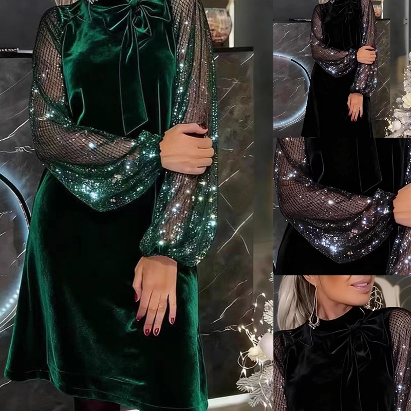 Women’s dress with sequins and a bow at the neckline