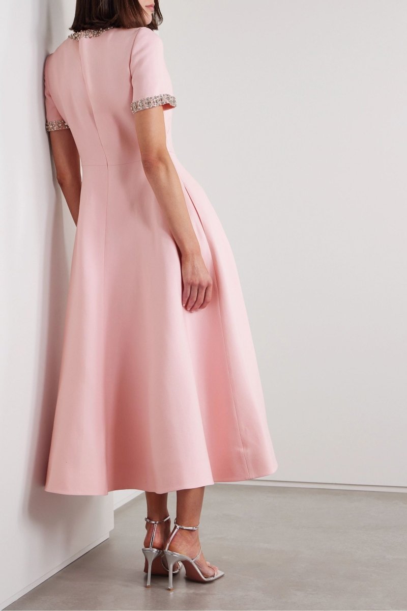 Zoe Pink Midi Dress with Bowknot and Crystal Accents