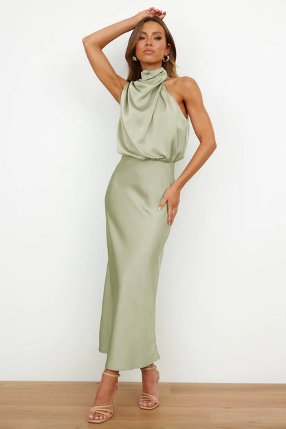 Carlina | Long Satin Dress with Halterneck