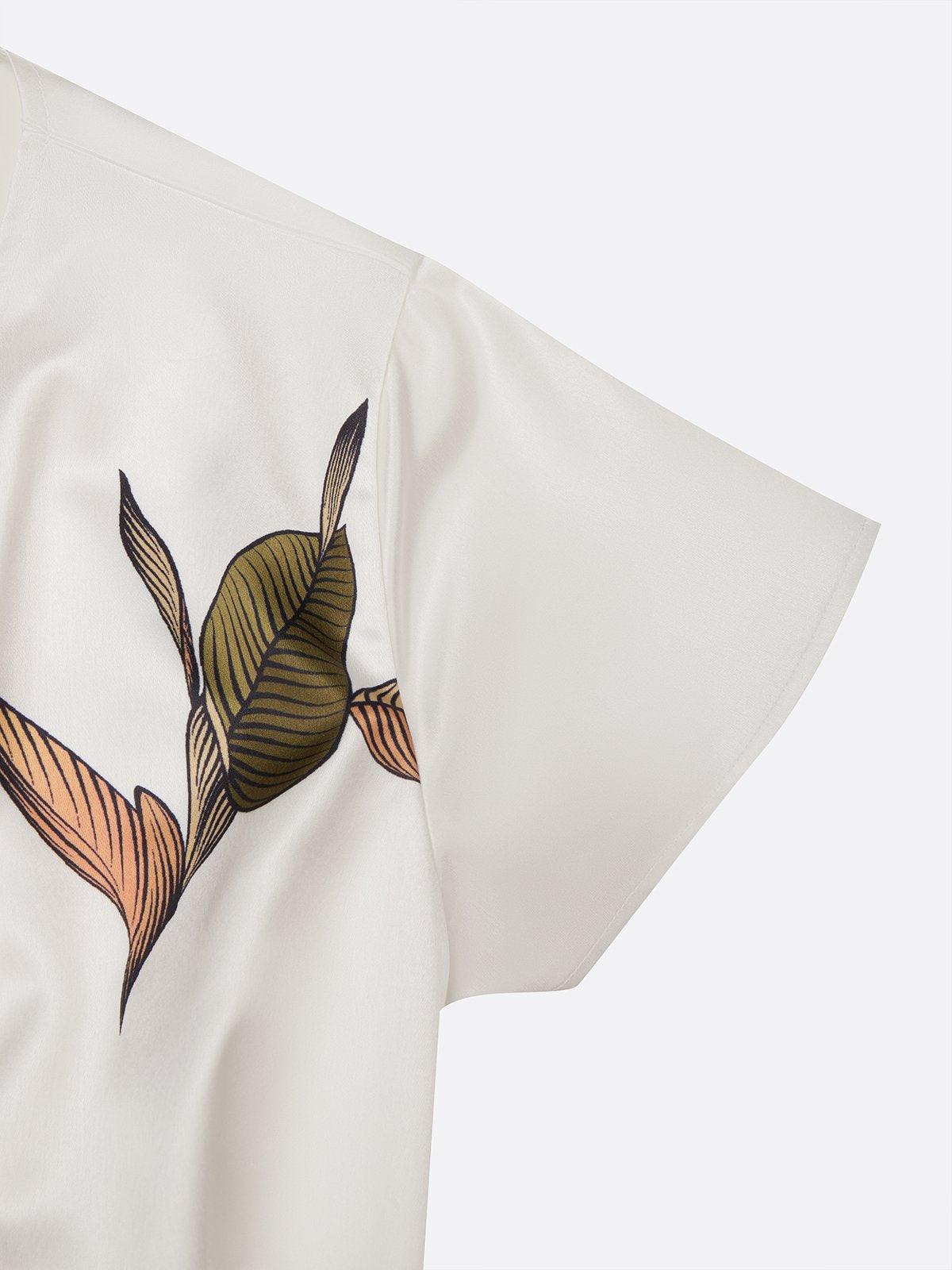 White Leaf Satin Midi Dress with Short Sleeves and Wrap Sheath Design