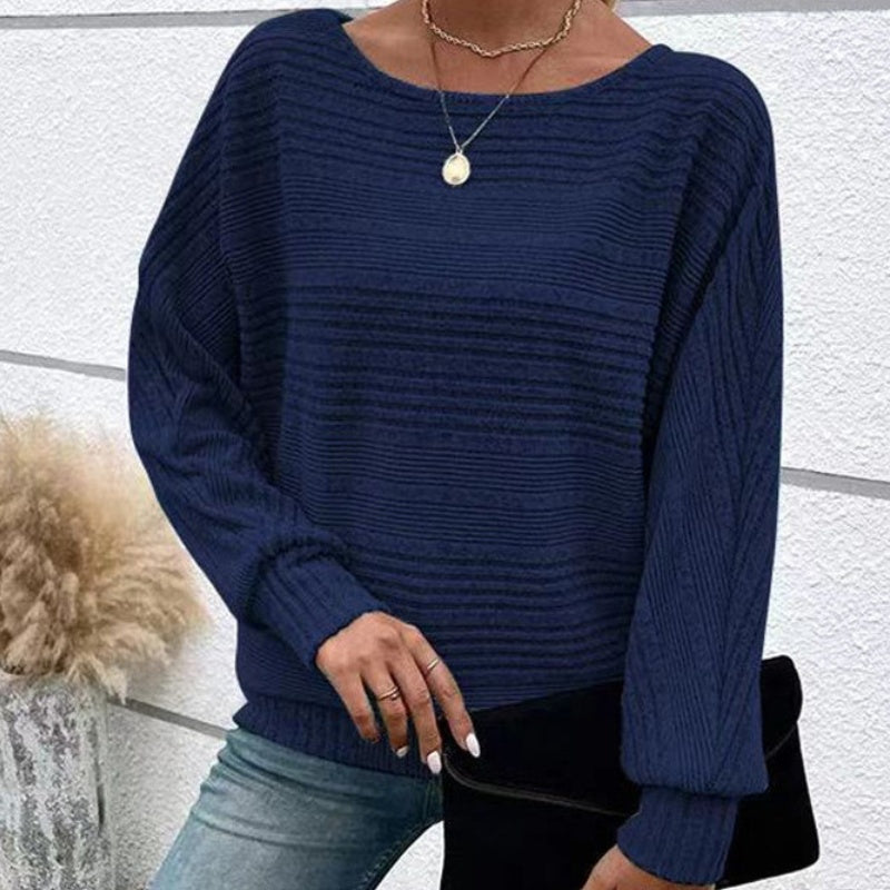 Solid Round-Neck Striped Long-Sleeve Top
