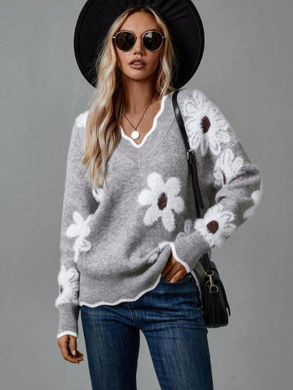 Maya™ | Elegant V-Neck Floral Sweater