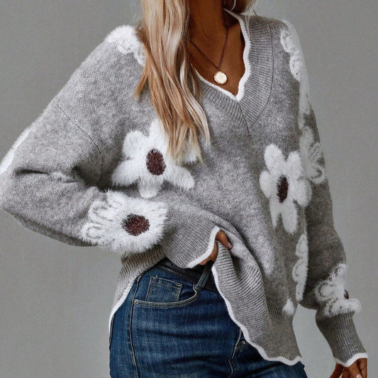 Maya™ | Elegant V-Neck Floral Sweater