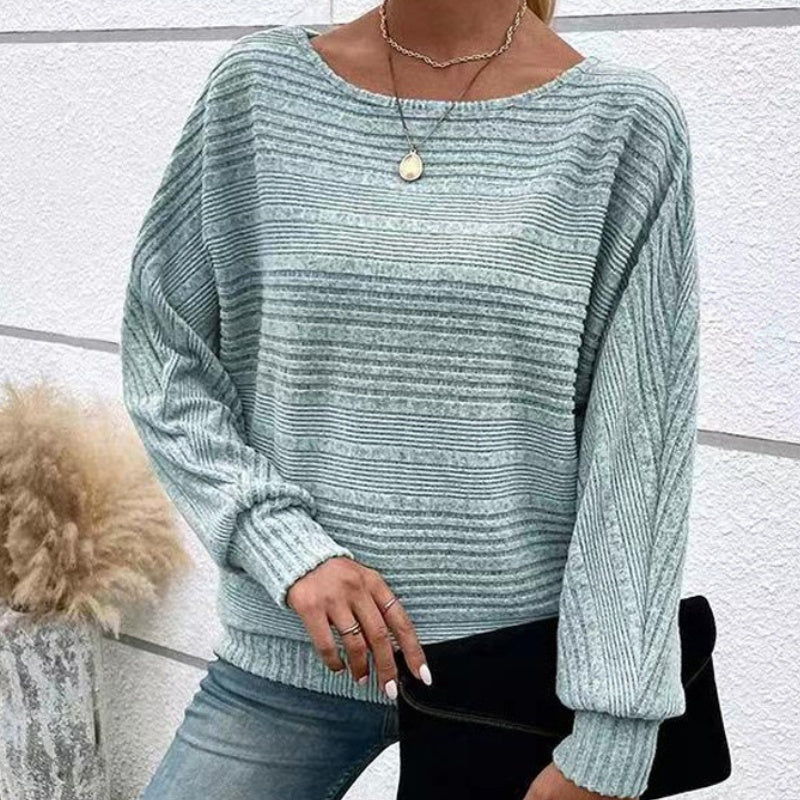 Solid Round-Neck Striped Long-Sleeve Top