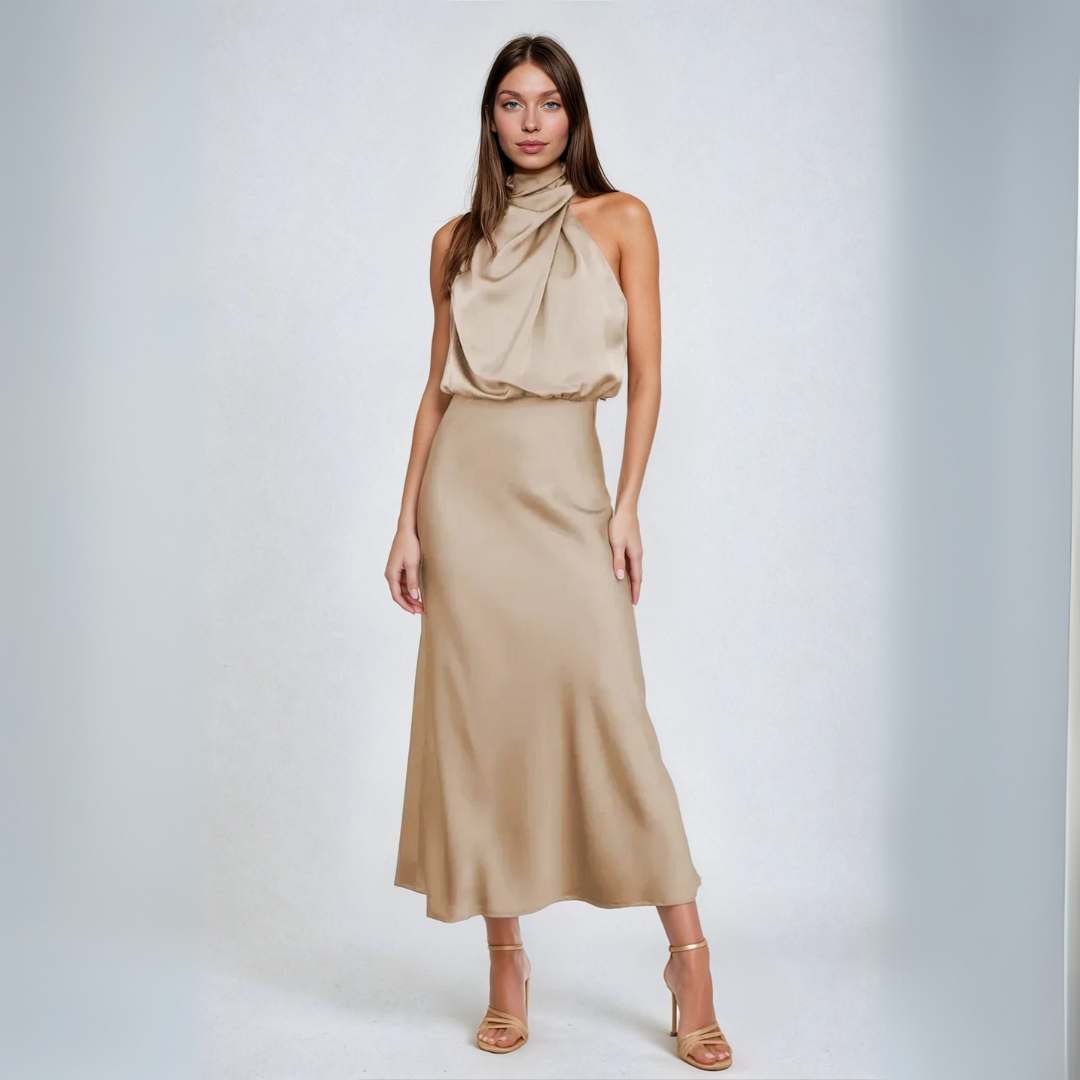 Carlina | Long Satin Dress with Halterneck