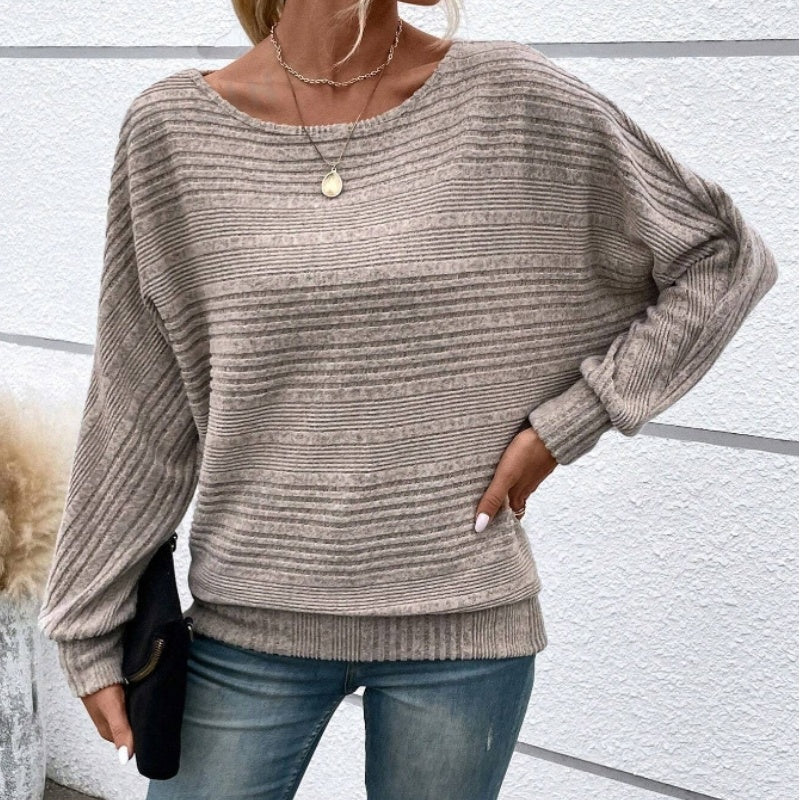 Solid Round-Neck Striped Long-Sleeve Top