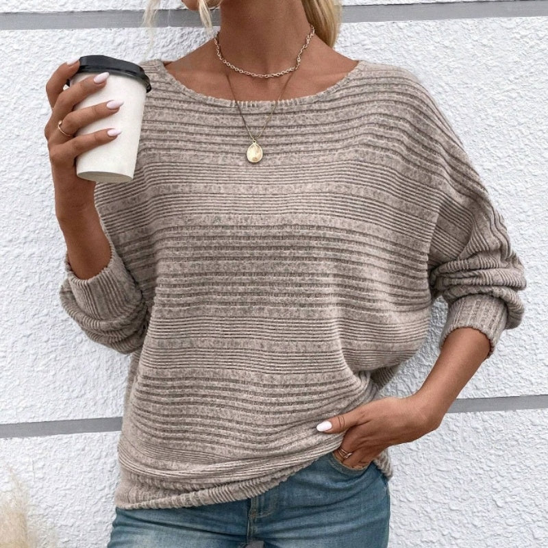 Solid Round-Neck Striped Long-Sleeve Top