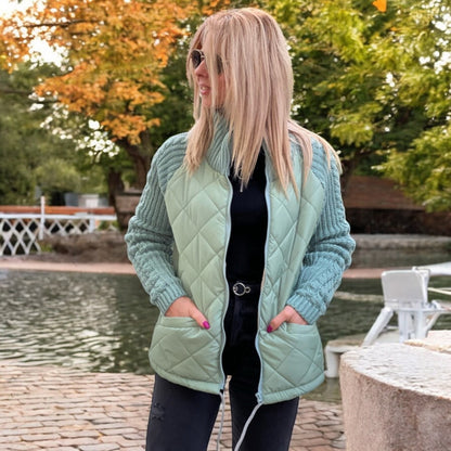 Padded Jacket with Knitted Sleeves and High Collar