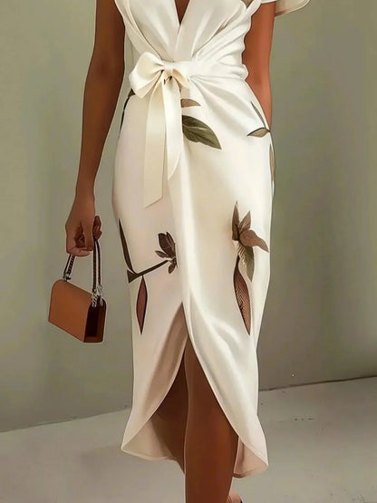 White Leaf Satin Midi Dress with Short Sleeves and Wrap Sheath Design