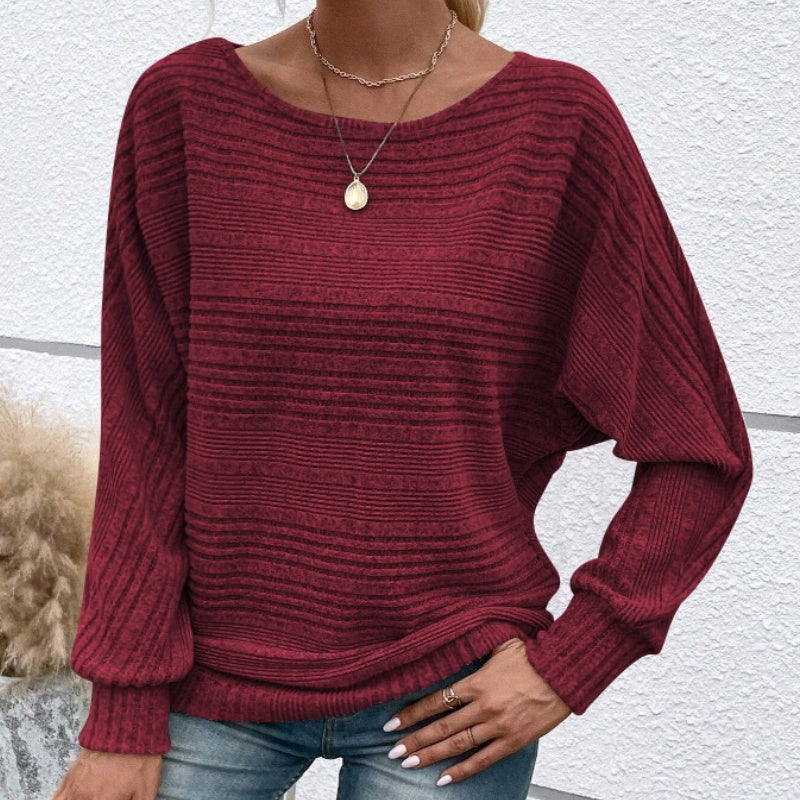 Solid Round-Neck Striped Long-Sleeve Top