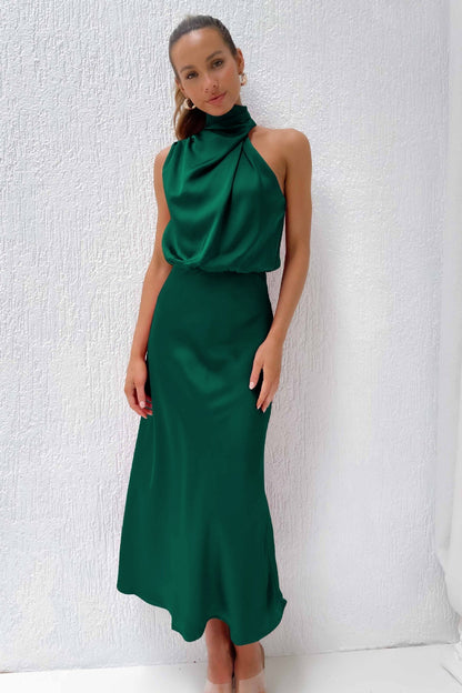 Carlina | Long Satin Dress with Halterneck