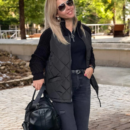 Padded Jacket with Knitted Sleeves and High Collar