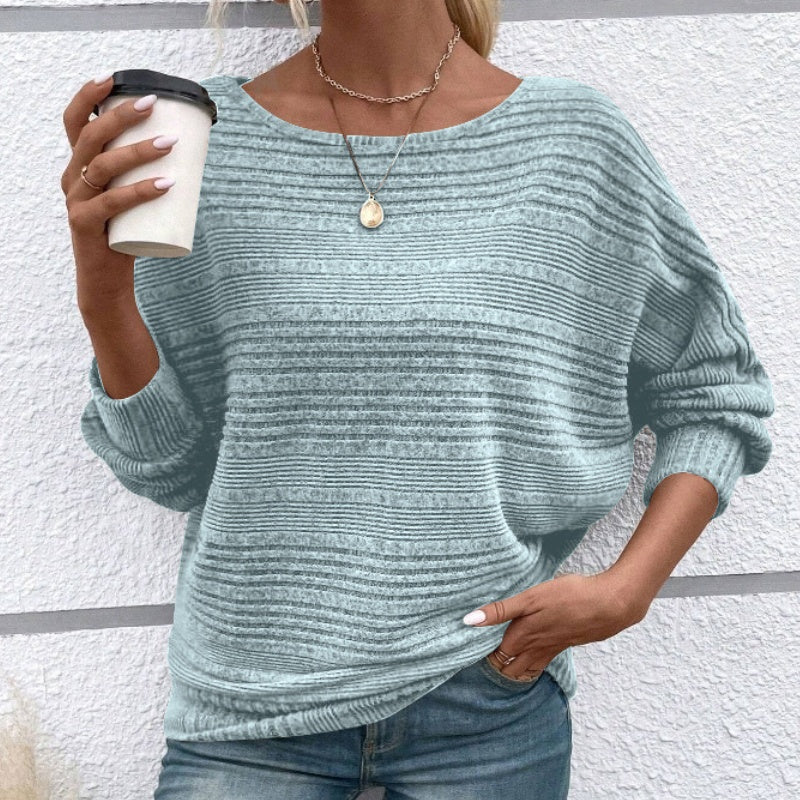 Solid Round-Neck Striped Long-Sleeve Top