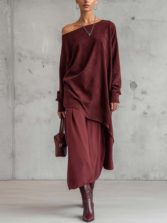 Burgundy Faux Suede One Shoulder Maxi Dress With Asymmetric Hem