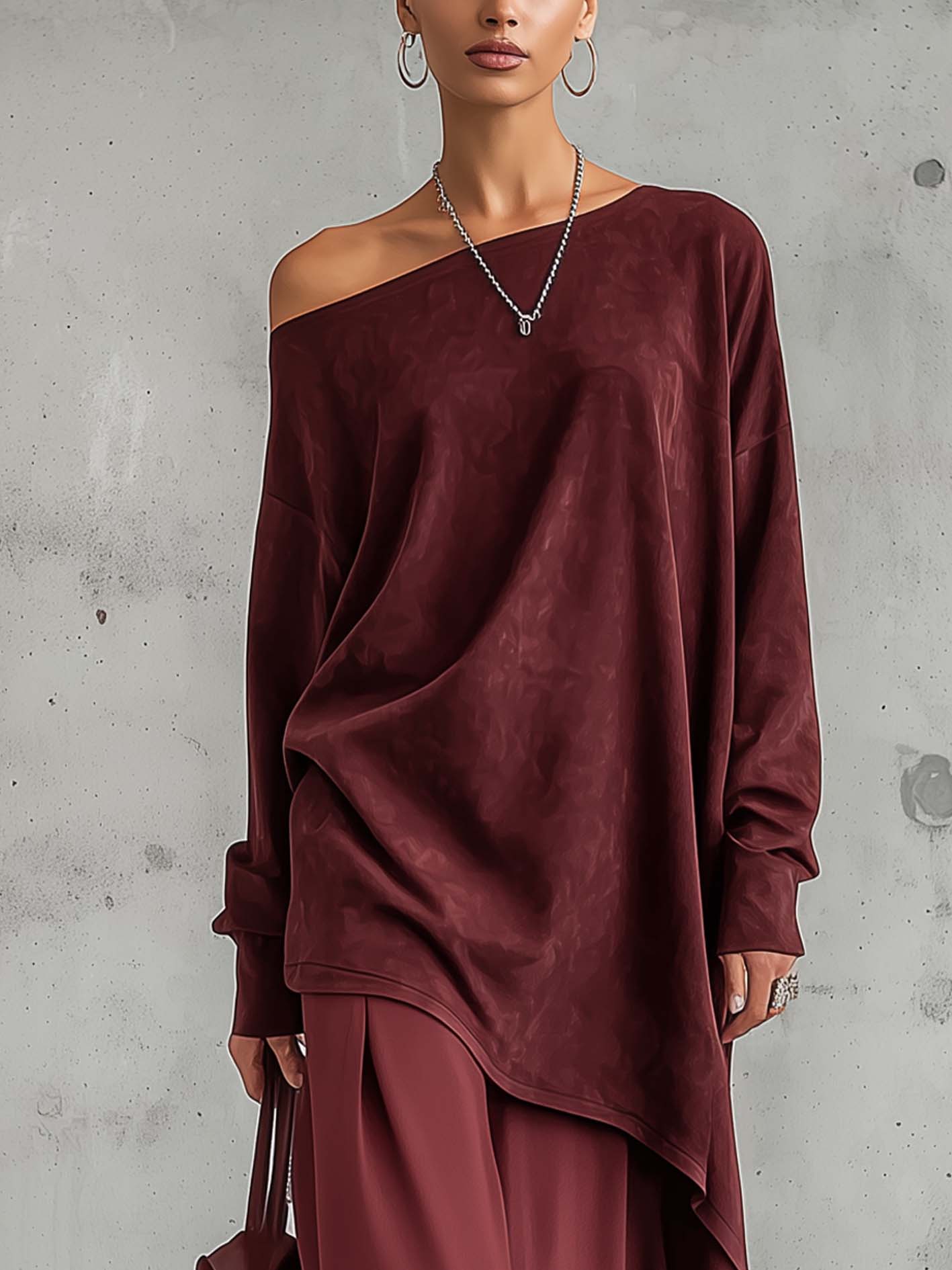Burgundy Faux Suede One Shoulder Maxi Dress With Asymmetric Hem