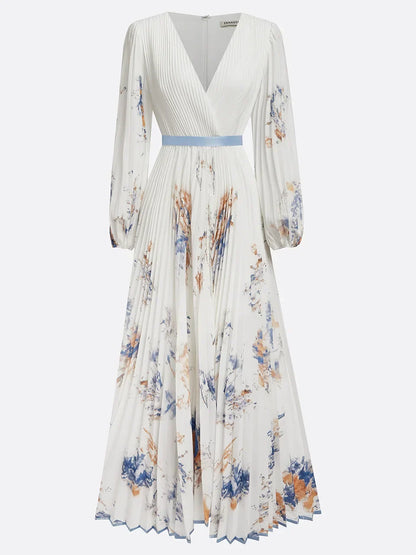 Halston - Elegant V-Neck Puff Sleeves Maxi Dress