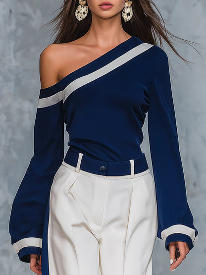 Vintage Charming One-shoulder Top And Wide-leg Pants Set