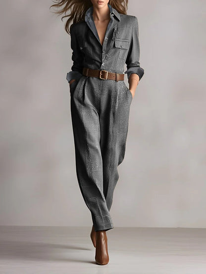 Sophisticated Tweed Texture Plaid Utility Jumpsuit