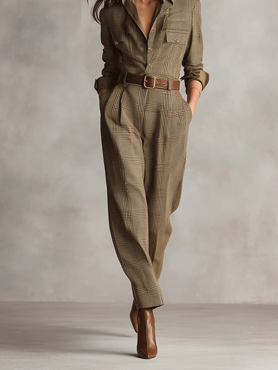 Sophisticated Tweed Texture Plaid Utility Jumpsuit
