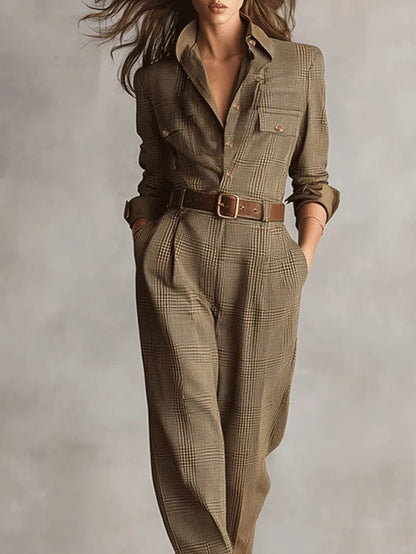 Sophisticated Tweed Texture Plaid Utility Jumpsuit