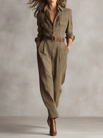 Sophisticated Tweed Texture Plaid Utility Jumpsuit