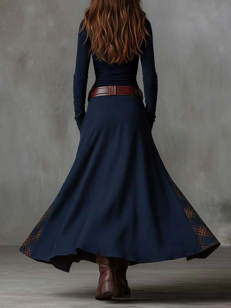 Helena | Navy Blue Suede Maxi Dress with Belt