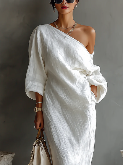 White One-shoulder Flowing Elegant Maxi Dress
