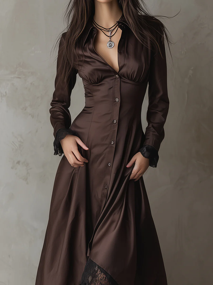 Chocolate Satin Lace Single-breasted Patchwork A-line Midi Dress