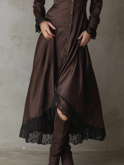 Chocolate Satin Lace Single-breasted Patchwork A-line Midi Dress