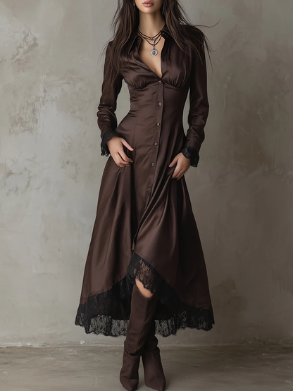 Chocolate Satin Lace Single-breasted Patchwork A-line Midi Dress