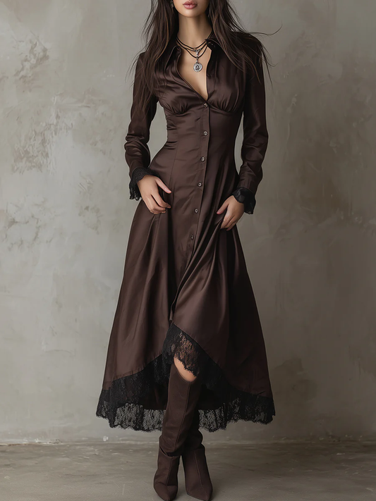 Chocolate Satin Lace Single-breasted Patchwork A-line Midi Dress