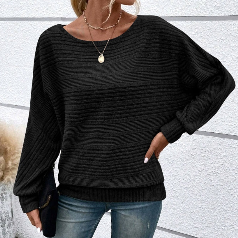 Solid Round-Neck Striped Long-Sleeve Top