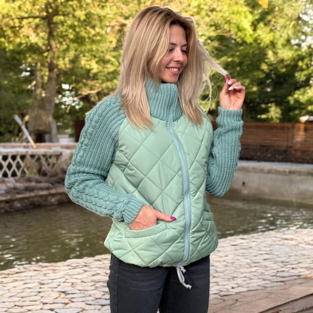 Padded Jacket with Knitted Sleeves and High Collar