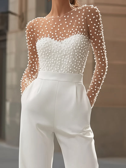 Araminta | Pearl-Embellished White Jumpsuit