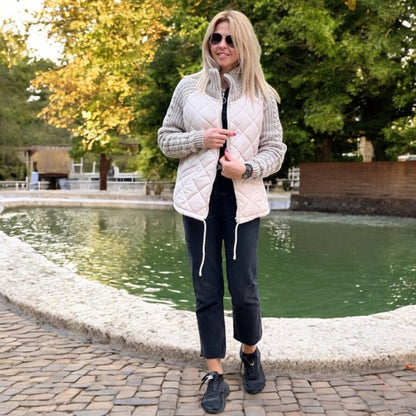 Padded Jacket with Knitted Sleeves and High Collar