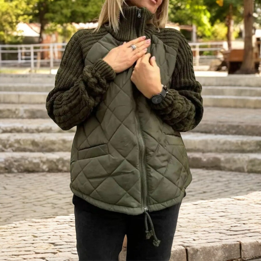 Padded Jacket with Knitted Sleeves and High Collar