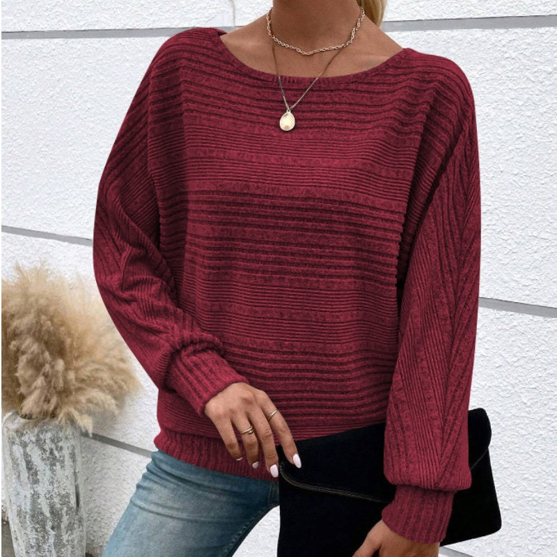 Solid Round-Neck Striped Long-Sleeve Top