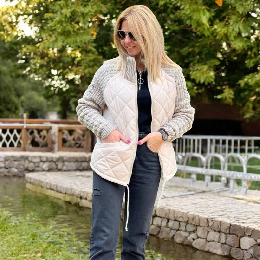 Padded Jacket with Knitted Sleeves and High Collar