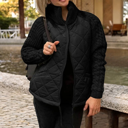 Padded Jacket with Knitted Sleeves and High Collar