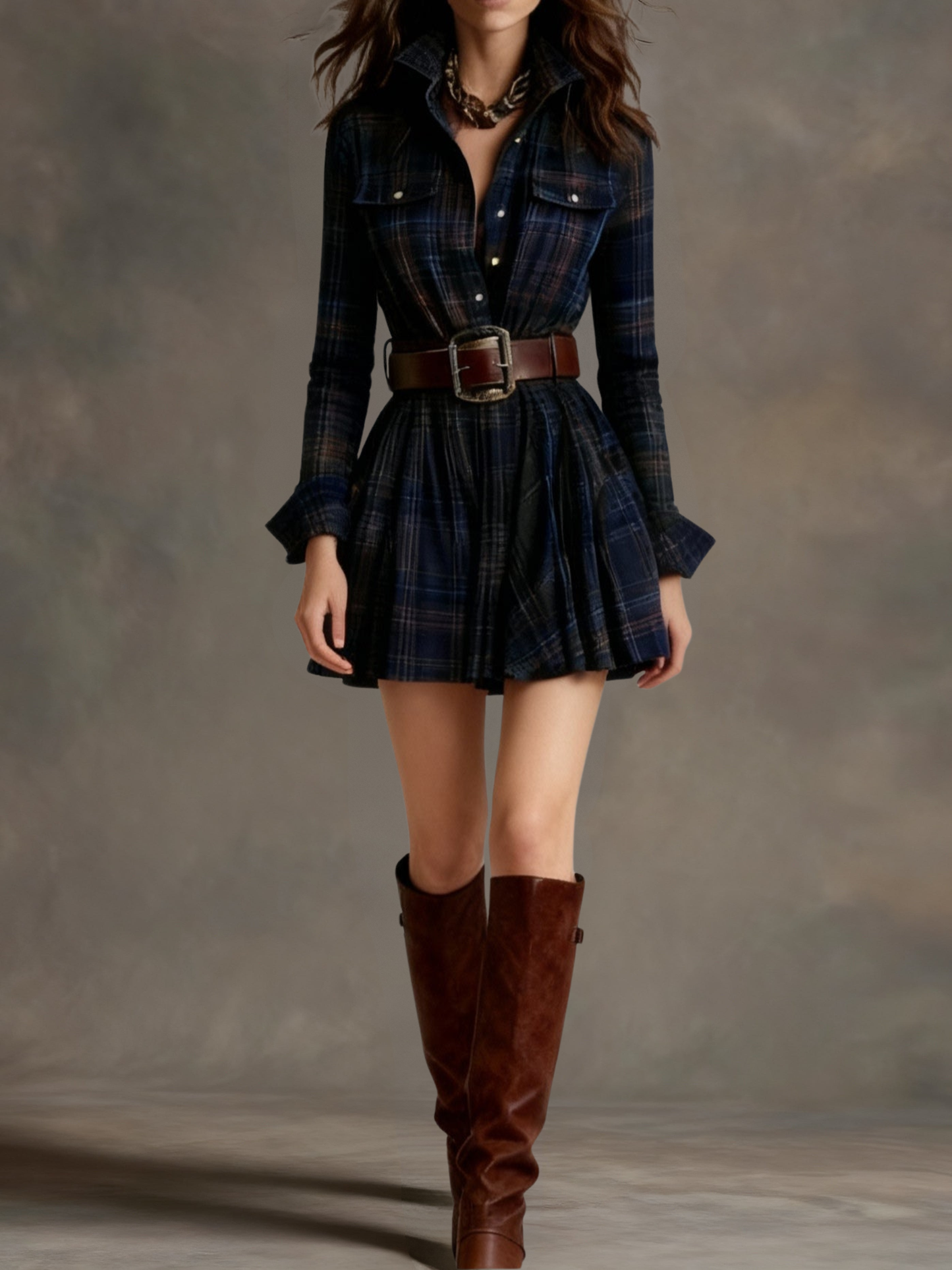 Vintage check mini dress with fitted waist - belt included
