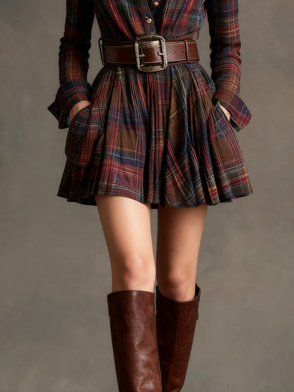 Vintage check mini dress with fitted waist - belt included