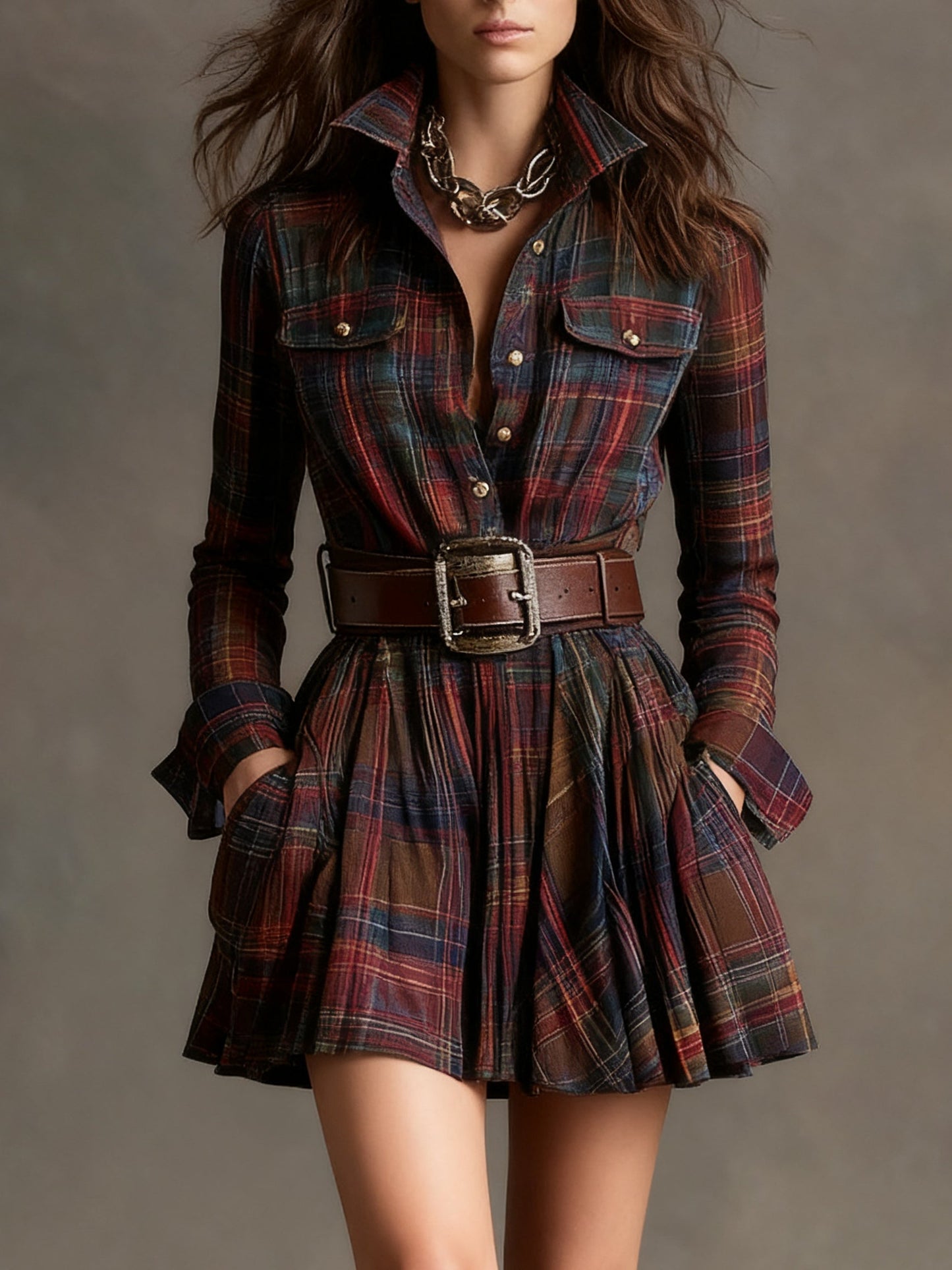 Vintage check mini dress with fitted waist - belt included