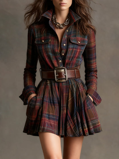 Vintage check mini dress with fitted waist - belt included