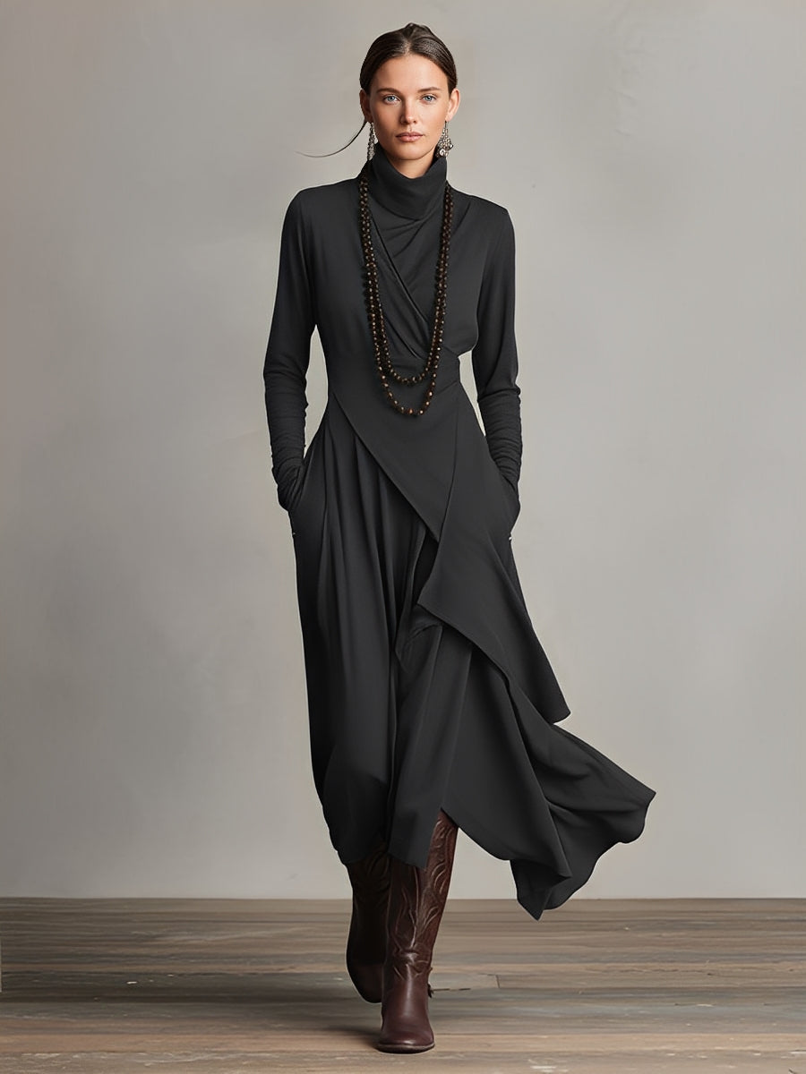 Natalia | Asymmetrical Knit Maxi Dress with Turtleneck