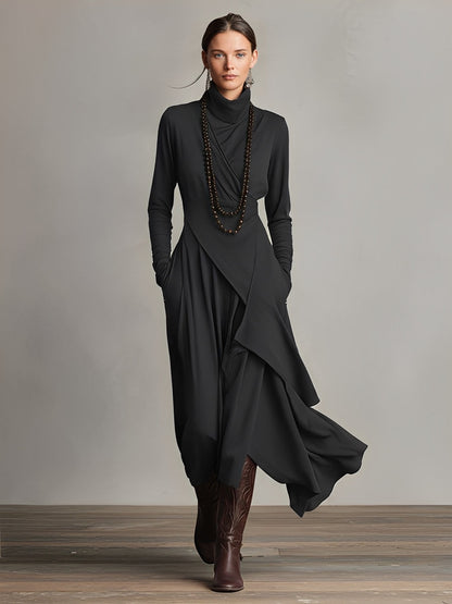 Natalia | Asymmetrical Knit Maxi Dress with Turtleneck