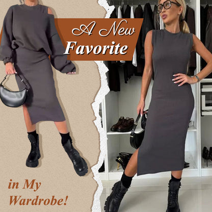 Women’s set with an asymmetrical shoulder, sweatshirt, and sleeveless dress