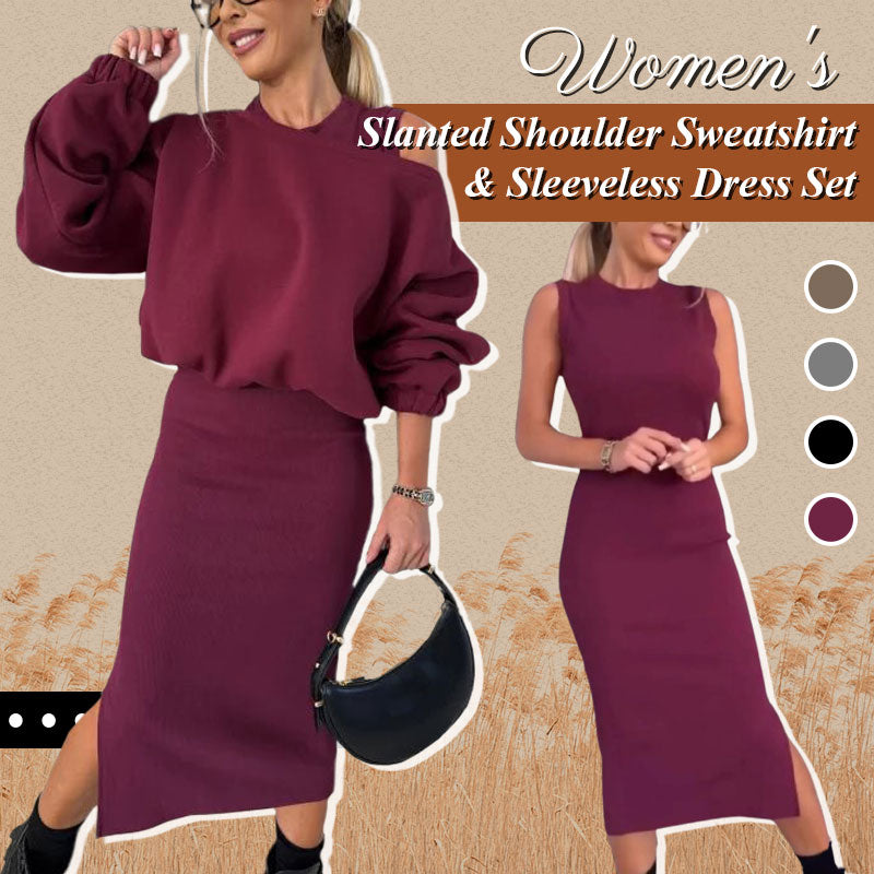 Women’s set with an asymmetrical shoulder, sweatshirt, and sleeveless dress